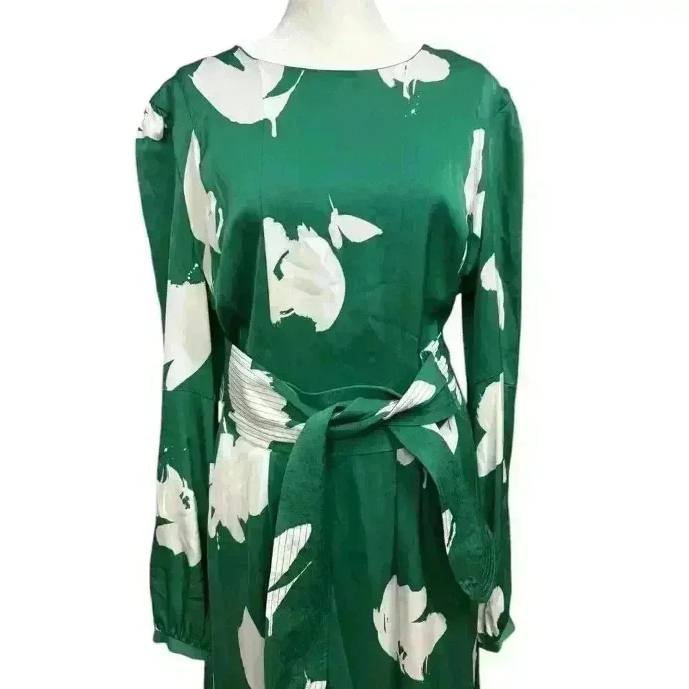 Lewit Green & White Floral Stretch Silk Long Sleeve Round Neck Belted Dress 14 - Picture 7 of 13